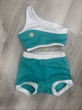 Honey cut Two-Piece Teal and White dance wear  Set